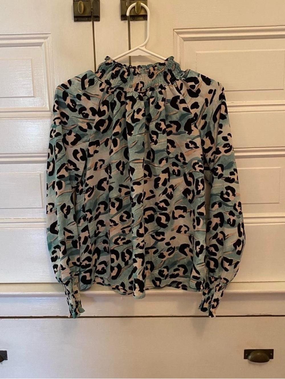 Nine West Teal, Black and Cream Leopard Print Smocked Neck Blouse
